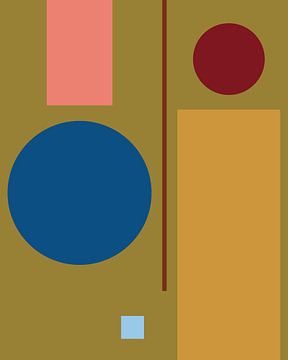 Geometrische retro kleurblokken in kobaltblauw, warm bruin, roze, okergeel, olijfgroen en lichtblauw van Dina Dankers