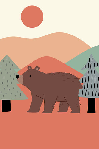 Niedlicher Braunbär in einer minimalistischen Waldlandschaftsillustration