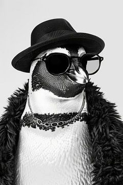 Pinguïn in zwart en wit met hoed en bril van Poster Art Shop