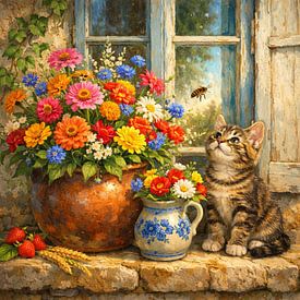 Cat still life with flowers by the window – a colourful rural scene by Kleurenrijk