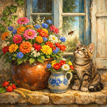 Cat still life with flowers by the window – a colourful rural scene by Kleurenrijk