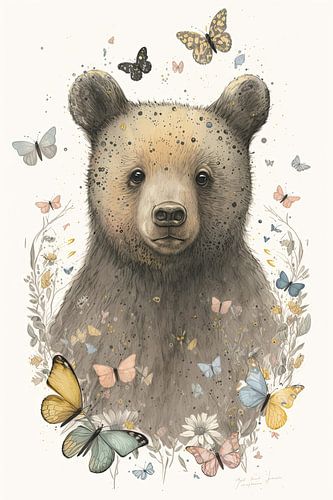 Illustratie van een beer omringd met vlinders