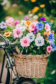 Bloemen gerangschikt in een fietsmand van Poster Art Shop