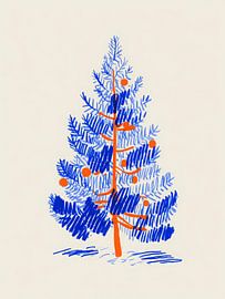 Illustration minimaliste d'un arbre de Noël en bleu et orange sur But First Framing