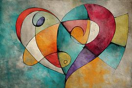 Abstract Painting - Turquoise and Red Merry Geometric