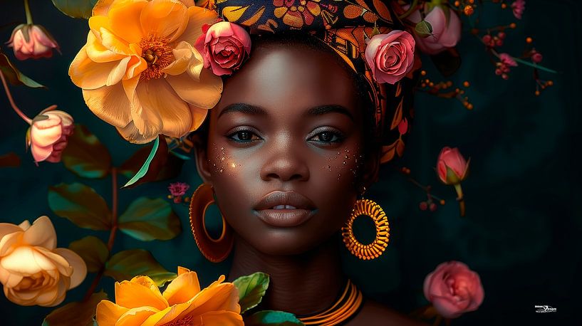 african woman with flowers by Gelissen Artworks