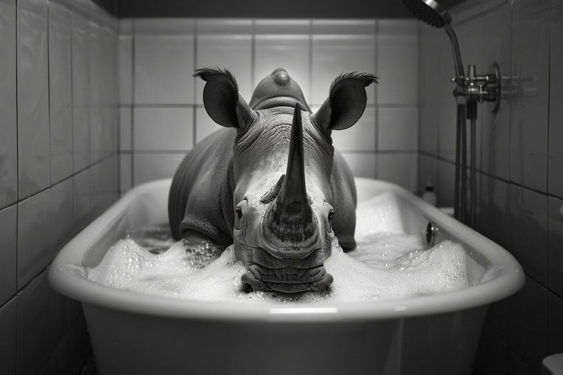 Rhinocéros dans la baignoire - un tableau de salle de bains unique pour vos toilettes par Poster Art Shop