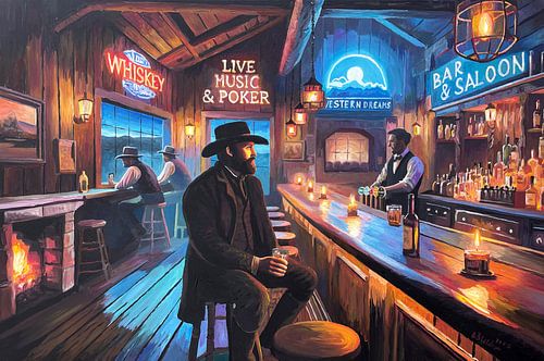 Beleuchtete Old-West-Bar-Szene in der Wildnis bei Nacht