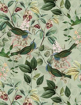 Exotic Green Vintage Jungle with Birds by Floral Abstractions