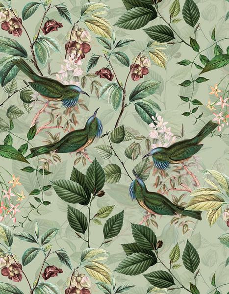 Exotischer Grüner Vintage Jungle mit Vögeln von Floral Abstractions