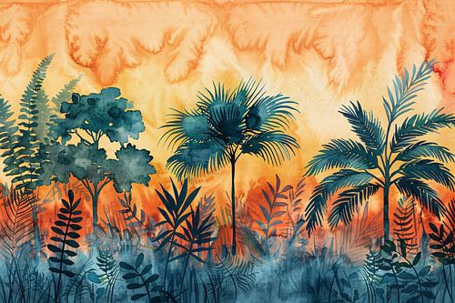 Tropische planten met kleurrijke zonsondergang achtergrond