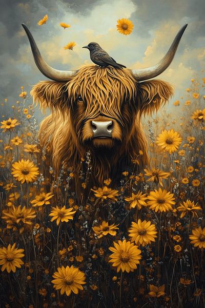 Highlander and Bird in Sunflower Field Radiant Harmony by Eva Lee