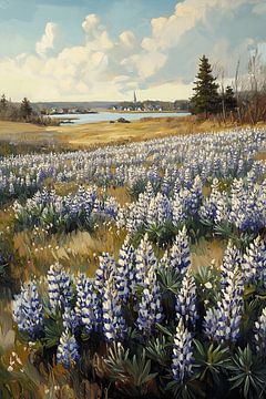 Blühende Lupinenlandschaft am See von NJ Midnight Studio