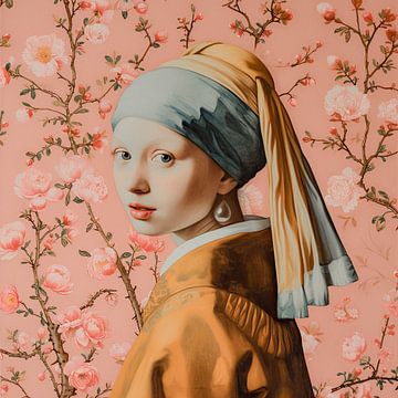 Classic girl with the pearl and blossom branches by Vlindertuin Art