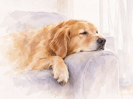 Ein Golden Retriever ruht sich im sanften Morgenlicht aus von Hitomi Art