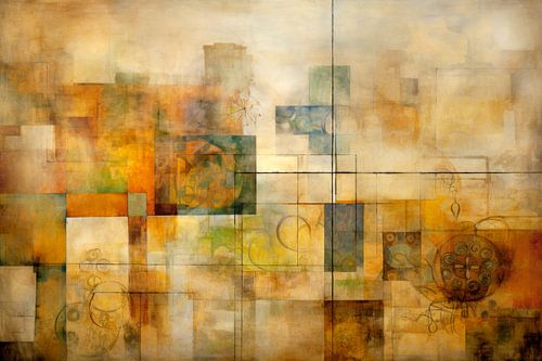 Abstract blokkenpatroon – Oker en groen schilderij