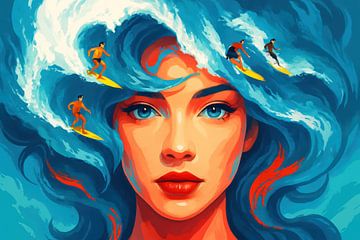 Frau mit Meer und Surfern von Imperial Art House