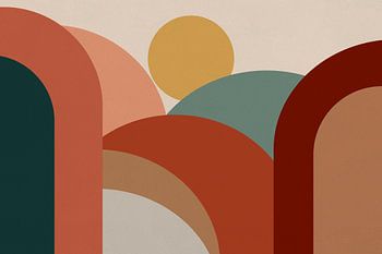 Scandinavische abstractie - Landschap Zonsopgang Mid-Century Modern Vintage