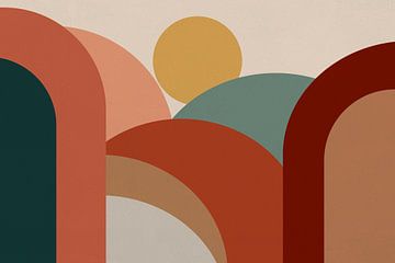 Scandinavische abstractie - Landschap Zonsopgang Mid-Century Modern Vintage van Mad Dog Art