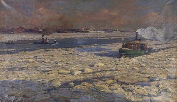 FRIEDRICH KALLMORGEN, Grüne Fähre im Eis auf der Elbe. Wintersonne, 1902