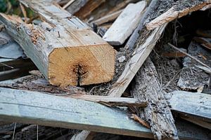 Holzbalken und Bretter auf der Baustelle nach dem Abriss eines Gebäudes