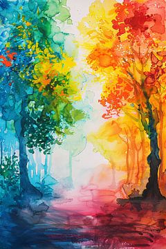 Kleurrijke abstracte aquarel van zomerse bomen van De Muurdecoratie