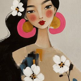 Portrait féminin moderne et élégant, avec des fleurs et des boucles d'oreilles roses sur Carla Van Iersel