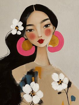 Stijlvol modern vrouwenportret met bloemen en roze oorbellen