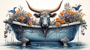 Majestueuze stier met horens en heldere bloemen zittend in de badkuip, art design schilderij van Animaflora PicsStock