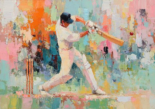 Een abstracte cricketwedstrijd in felle kleuren van Niklas Maximilian