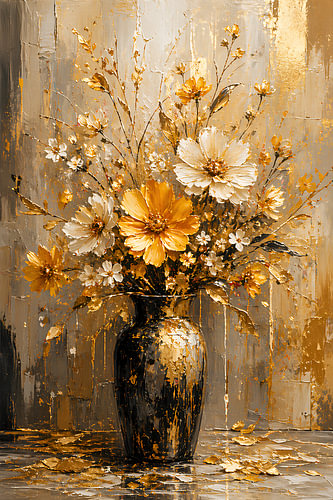 Golden Blossom – white and golden flowers in a vase