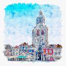 De Sint-Gertrudiskerk / Peperbus in Bergen op Zoom (aquarel) van Art by Jeronimo thumbnail