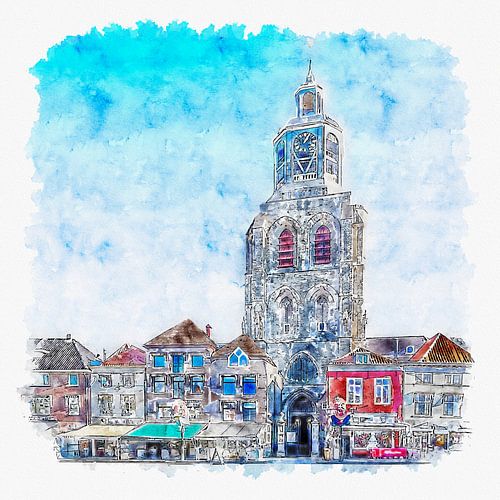 Saint Gertrudis Church / Pepper bus in Bergen op Zoom (watercolor painting)
