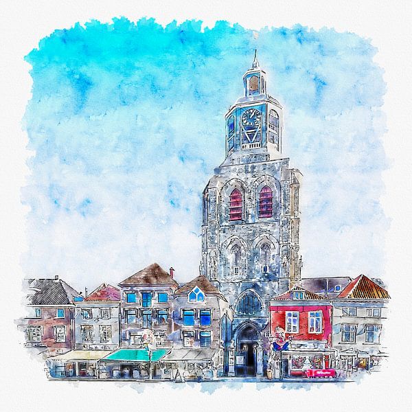 De Sint-Gertrudiskerk / Peperbus in Bergen op Zoom (aquarel) van Art by Jeronimo