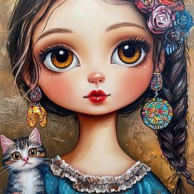 Femme et chat | Femme avec boucles d'oreilles et chat sur Peintures accrocheuses
