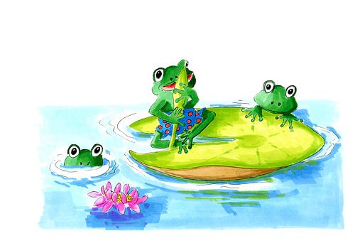 Illustration of frogs playing on water lily
