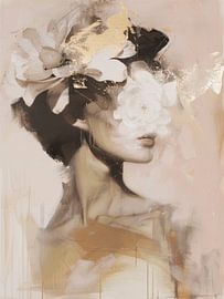 Modern and abstract portrait in pink, white, black and gold by Carla Van Iersel