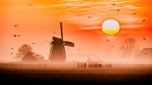 Zonsopkomst met molen, Lollum, Friesland. van Jaap Bosma Fotografie