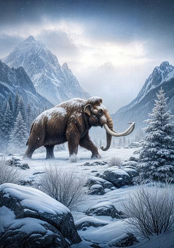 Wolharige mammoet in besneeuwde bergvallei