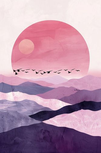 Roze zonsondergang met vogels