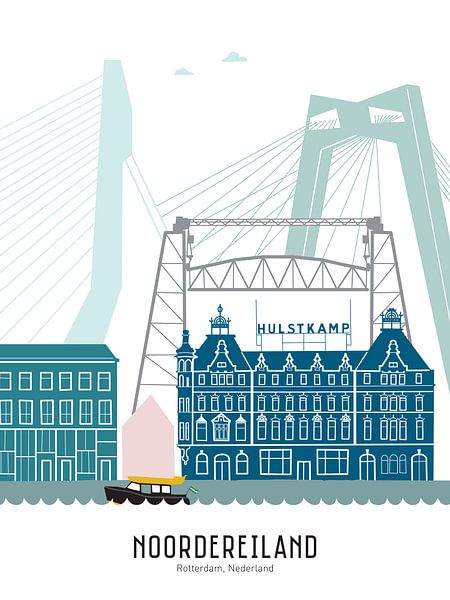 Skyline illustration city of Rotterdam - Noordereiland in colour by Mevrouw Emmer