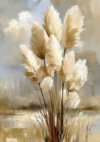 Pampagras bij het meer - olieverfschilderij in beige