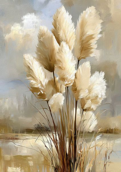 Herbe de la pampa au bord du lac - Peinture à l'huile sur fond beige par Niklas Maximilian