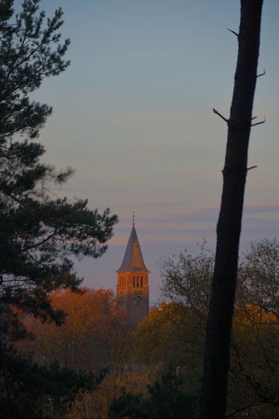 Church tower of Molenhoek at sunrise. by Jurjen Jan Snikkenburg