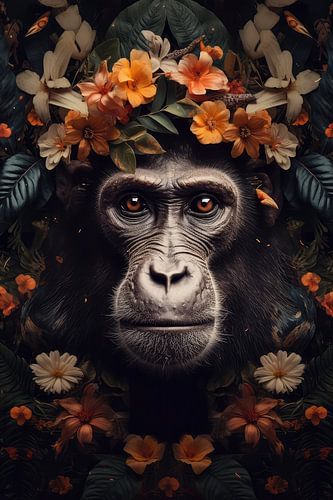 Aap omringt door bloemen