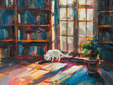 Witte kat in bibliotheek - bij een raam van herculeng