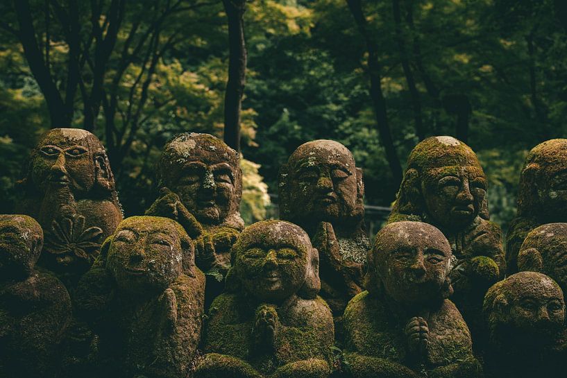 Boeddha beelden in het bos in Japan van Nikkie den Dekker | travel & lifestyle photography