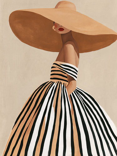 An elegant woman wearing a large hat and a striped dress in earth tones