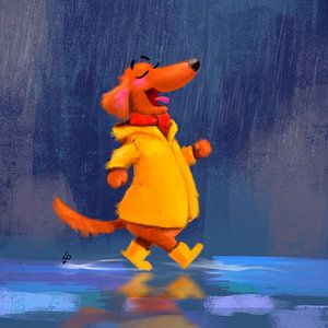 Dachshund Tobie likes to walk in the rain by Linda van Putten