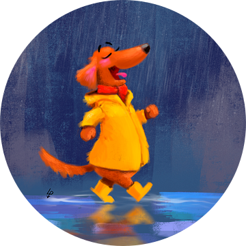 Teckel Tobie wandelt graag in de regen van Linda van Putten